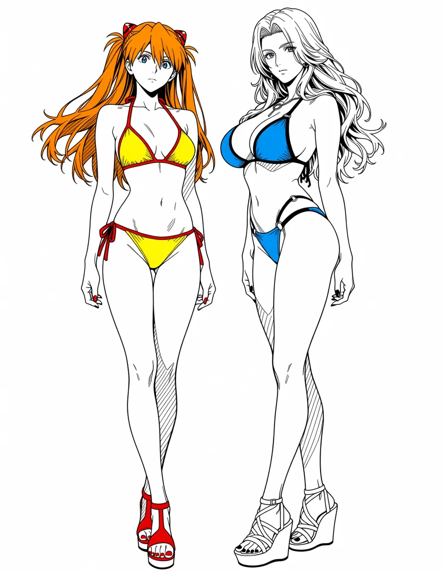 masterpiece, best quality, score_7, newest, anime screenshot, official art, 2girls, 2others, matsumoto rangiku and shirley fenette and mimosa vermillion and souryuu asuka langley wearing bikinis and wedge strap high heel sandals,, (flat color:1.3), hard cel shading, thin crisp lineart, high key daylight, vivid primary palette, bright clean background