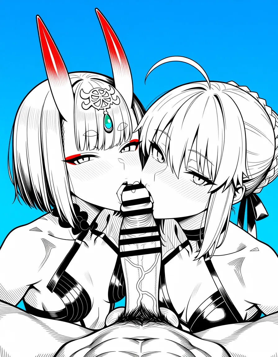 masterpiece, best quality, score_7, newest, anime screenshot, official art, masterpiece, finely detailed, 2girls, size_difference, naughty_face, blowjob, day, cum_in_mouth muscular_male, large_penis, artoria pendragon (fate), shuten douji (fate), (flat color:1.3), hard cel shading, thin crisp lineart, high key daylight, vivid primary palette, bright clean background