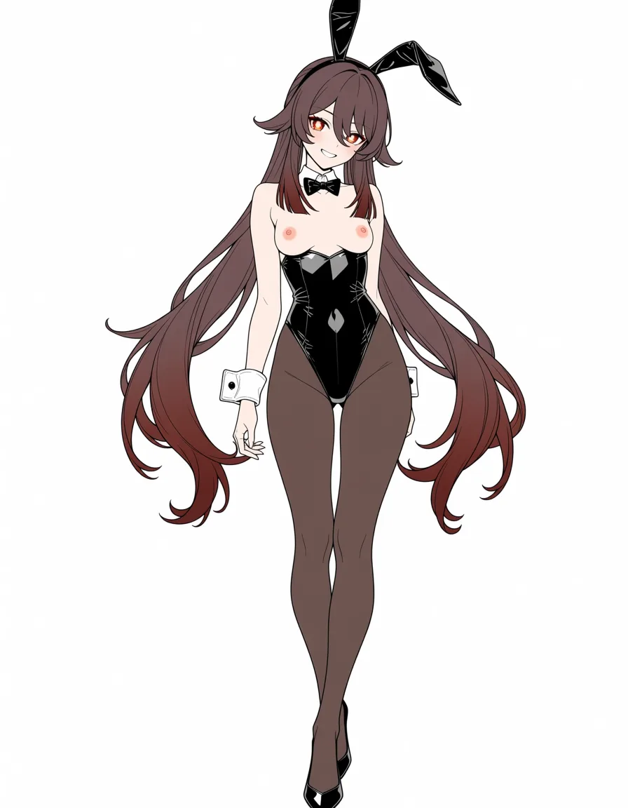 masterpiece, best quality, score_7, newest, anime screenshot, official art, 1girl, hu tao (genshin impact)  futanari , bunny outfit , nipples, (flat color:1.3), hard cel shading, thin crisp lineart, high key daylight, vivid primary palette, bright clean background