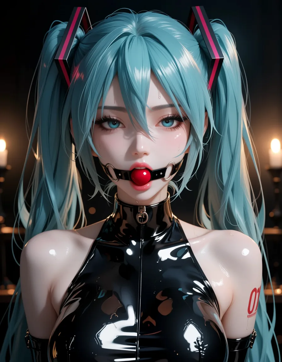 masterpiece, best quality, score_7, newest, highres, absurdres, anime coloring, 1girl, bdsm, latex, gagged
hatsune miku, glossy shiny skin, wet highlights, (dim warm lighting:1.2), dramatic rim light, deep shadows, dark bokeh background, sensual mood