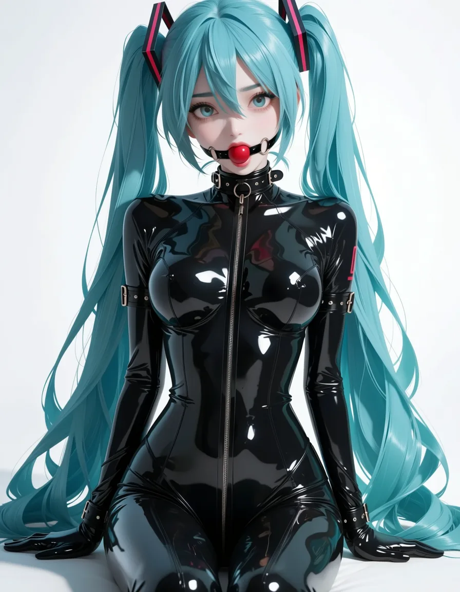 masterpiece, best quality, score_7, newest, anime screenshot, official art, 1girl, bdsm, latex skinsuit, gagged 
hatsune miku, (flat color:1.3), hard cel shading, thin crisp lineart, high key daylight, vivid primary palette, bright clean background