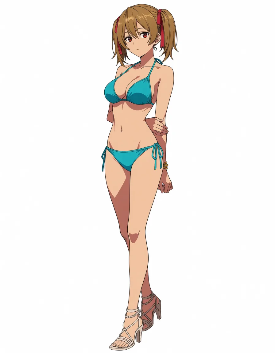 masterpiece, best quality, score_7, newest, anime screenshot, official art, 1girl, silica wearing bikini and high heel sandals, (flat color:1.3), hard cel shading, thin crisp lineart, high key daylight, vivid primary palette, bright clean background