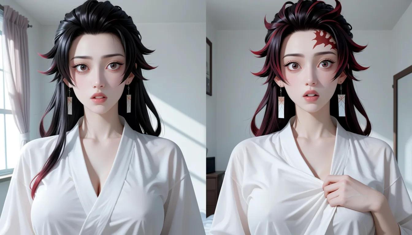 masterpiece, best quality, score_7, newest, anime screenshot, official art, 1girl, genderswap, bedroom, before_and_after, clothes_pull, surprised, pubic_hair , clitoris kamado tanjirou, (flat color:1.3), hard cel shading, thin crisp lineart, high key daylight, vivid primary palette, bright clean background