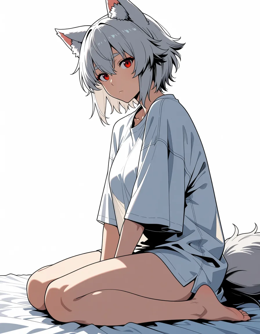 masterpiece, best quality, score_7, newest, anime screenshot, official art, 1girl, silver hair, red eyes, oversized shirt, sitting on the end of the bed, morning light, inubashiri momiji, (flat color:1.3), hard cel shading, thin crisp lineart, high key daylight, vivid primary palette, bright clean background