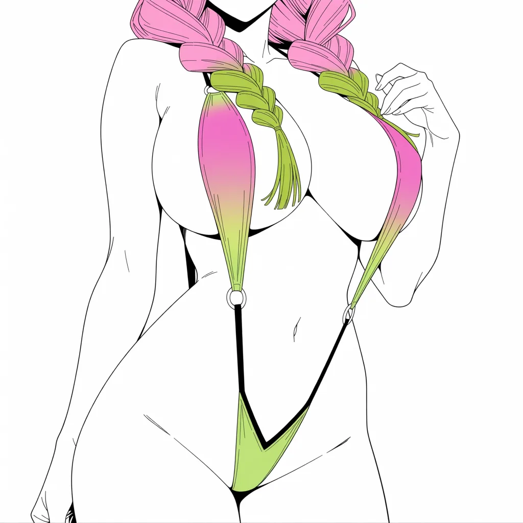 masterpiece, best quality, score_7, newest, anime screenshot, official art, 1other, kanroji mitsuri. slingshot swimsuit. chubby sexy. huge breasts., (flat color:1.3), hard cel shading, thin crisp lineart, high key daylight, vivid primary palette, bright clean background