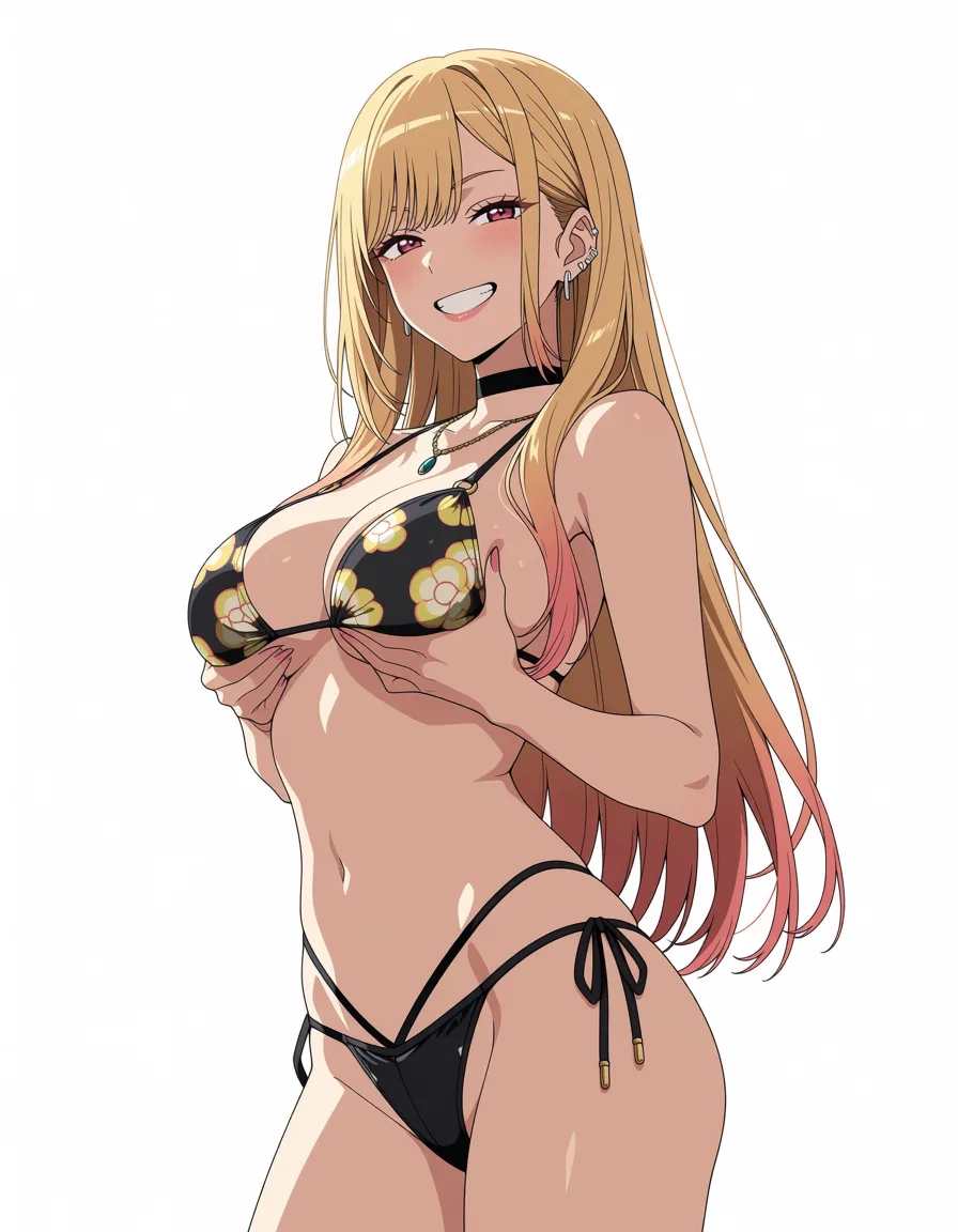 masterpiece, best quality, score_7, newest, anime screenshot, official art, 1girl, kitagawa Marin, swimsuit, bedroom, seductive_smile, grabbing_own_breast, hands_on_own_chest, (flat color:1.3), hard cel shading, thin crisp lineart, high key daylight, vivid primary palette, bright clean background
