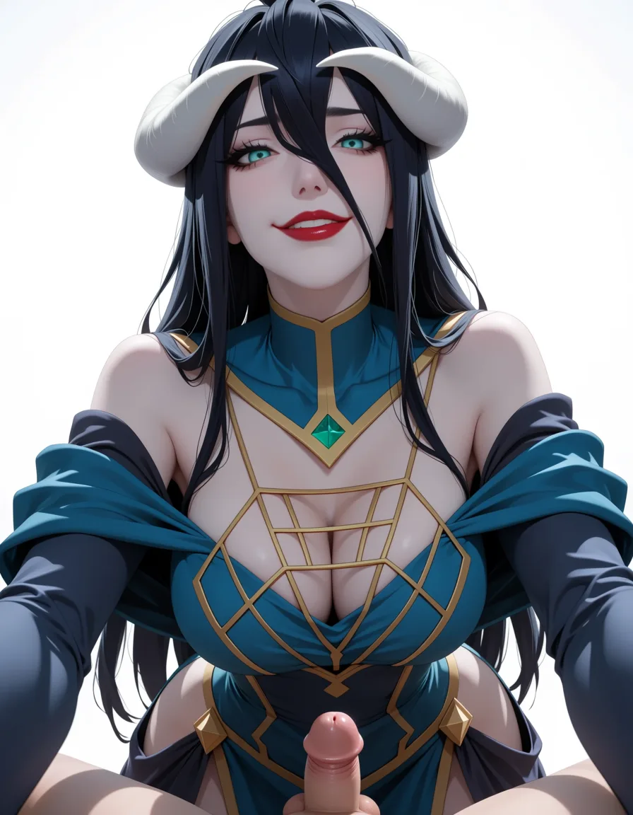 masterpiece, best quality, score_7, newest, anime screenshot, official art, 1girl, , she bending over towards the viewer, elegant dress, deep cleavage, breasts slightly showing, arrogant smirk, looking down mockingly, holding up her fingers showing a very small size, pointing at the viewer’s crotch, SPH, small penis humiliation, from below, pov, detailed face and body, anime style, hentai, extreme femdom,albedo (overlord), (flat color:1.3), hard cel shading, thin crisp lineart, high key daylight, vivid primary palette, bright clean background