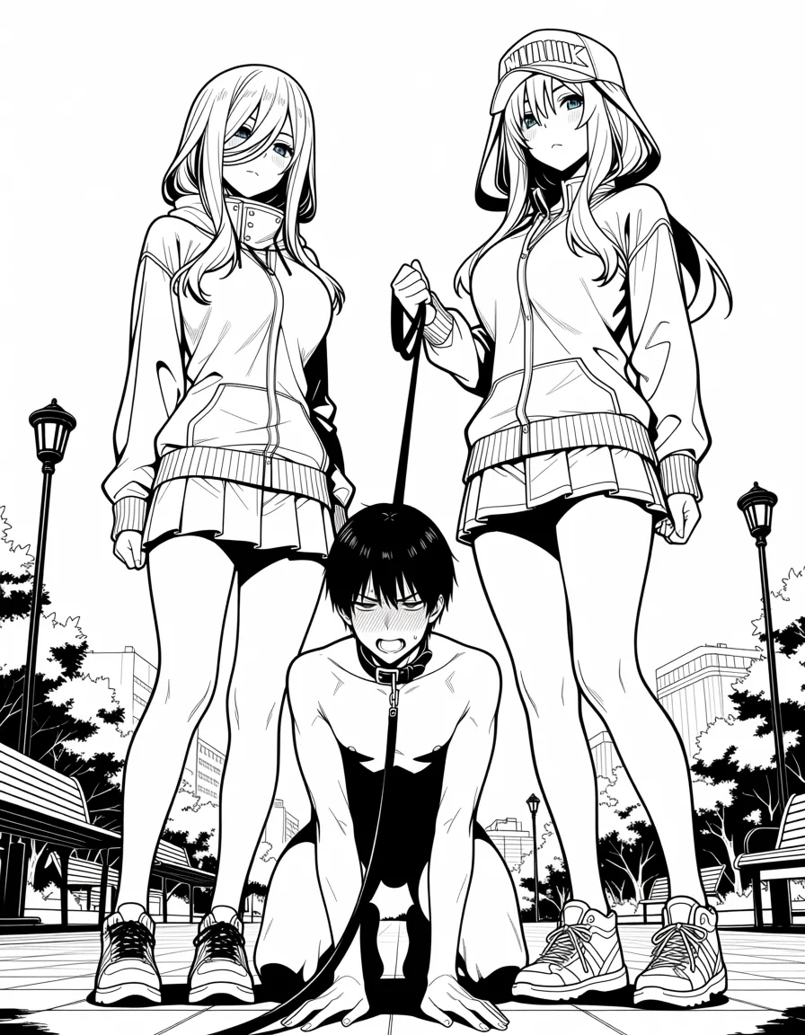 masterpiece, best quality, score_7, newest, anime screenshot, official art, 2girls, masterpiece, best quality, Miku Nakano and Itsuki Nakano, both standing over a naked boy kneeling on a leash, casual clothing, outdoor park setting, dominant expressions, detailed, anime style, hentai, extreme femdom pet play, nakano miku nakano itsuki, (flat color:1.3), hard cel shading, thin crisp lineart, high key daylight, vivid primary palette, bright clean background