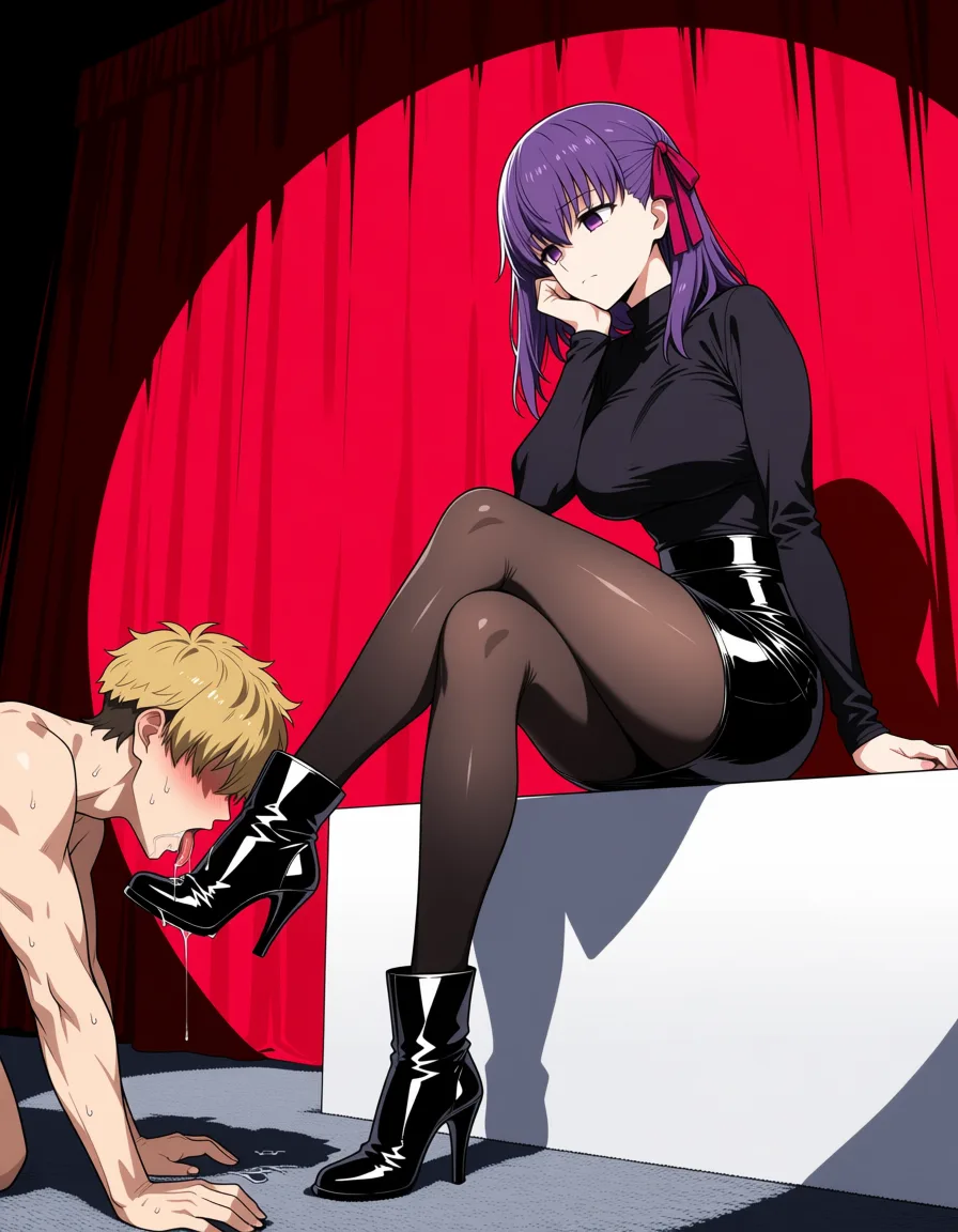 masterpiece, best quality, score_7, newest, anime screenshot, official art, 1girl, Anime style, highly detailed, Sakura Matou from Fate with long purple hair and purple eyes, sitting on a white platform, wearing a tight black long-sleeve top, shiny black skirt, black pantyhose and black high-heeled ankle boots, one leg crossed over the other, resting her chin on her hand with a dominant calm expression looking down, a completely naked young man with short blond hair on all fours on the gray carpet floor, licking and kissing her black boot, drooling heavily with saliva dripping, sweaty body, submissive and desperate expression, red velvet curtains in the background with dramatic spotlight lighting, erotic foot worship atmosphere, matou sakura, (flat color:1.3), hard cel shading, thin crisp lineart, high key daylight, vivid primary palette, bright clean background