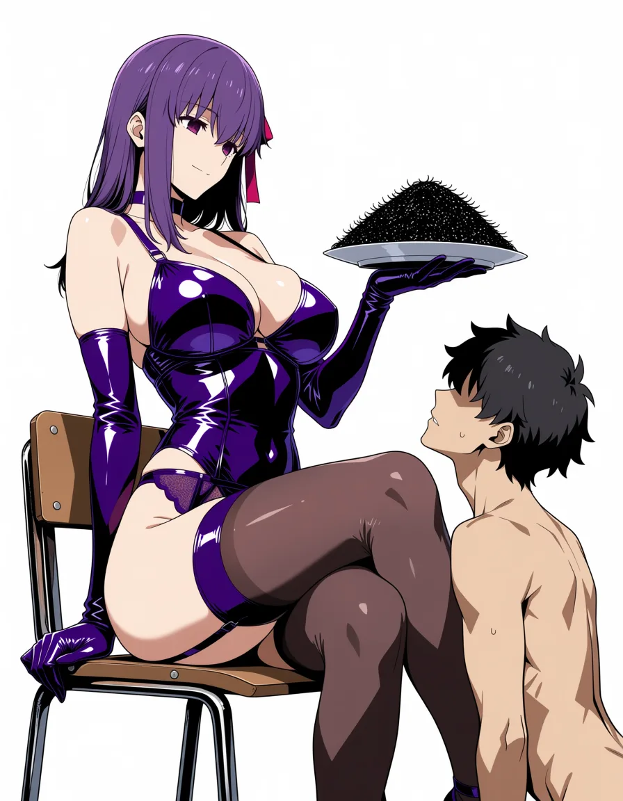 masterpiece, best quality, score_7, newest, anime screenshot, official art, 1girl, Anime style, Sakura Matou from Fate with long purple hair she is the dominant woman, wearing a shiny purple latex lingerie set with choker, long gloves, garter belt and stockings, sitting on a chair in a classroom. In her hand, she holds a plate with a pile of dust, grains, and hairs., looking down confidently, a completely nude young man kneeling next to her legs looking up at her, erotic domination atmosphere, matou sakura, (flat color:1.3), hard cel shading, thin crisp lineart, high key daylight, vivid primary palette, bright clean background