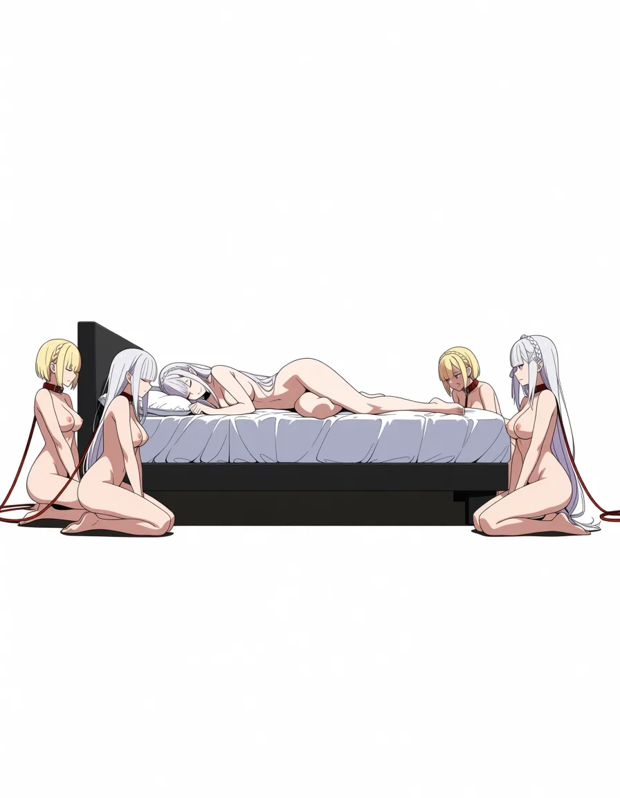 masterpiece, best quality, score_7, newest, anime screenshot, official art, 1girl, best quality, Emilia from Rezero sleeping naked and dominat in a big bett , Four slaves kneel naked around the bed, holding onto leashes attached to it; they gaze at the floor, ready to serve their mistress. anime style, hentai, extreme femdom humiliation. view from from_above 

emilia (re:zero), (flat color:1.3), hard cel shading, thin crisp lineart, high key daylight, vivid primary palette, bright clean background