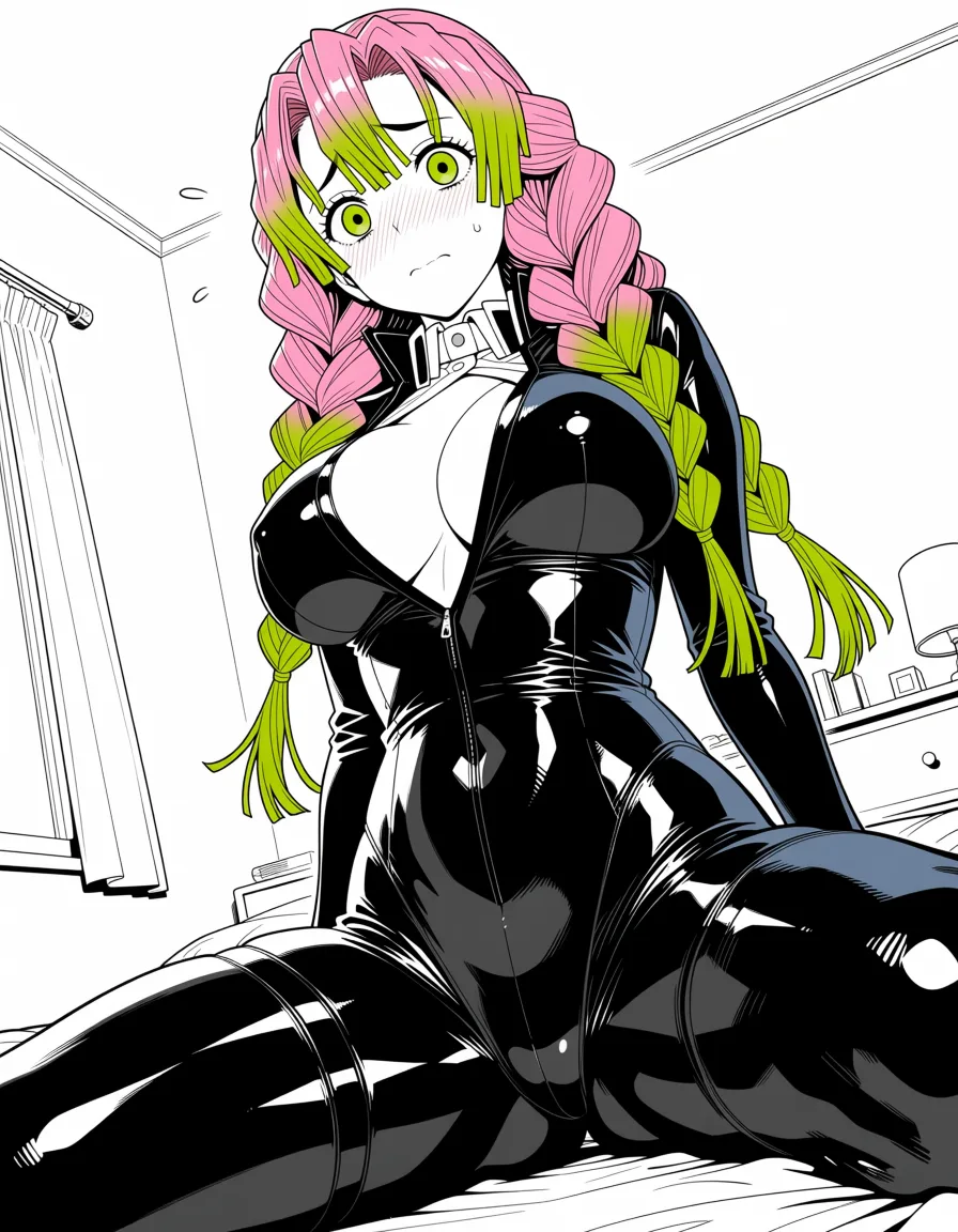 masterpiece, best quality, score_7, newest, anime screenshot, official art, 1girl, kanroji mitsuri, latex skinsuit, covered breast, indoors, bedroom, embarrassed, dutch angle, sitting, (flat color:1.3), hard cel shading, thin crisp lineart, high key daylight, vivid primary palette, bright clean background