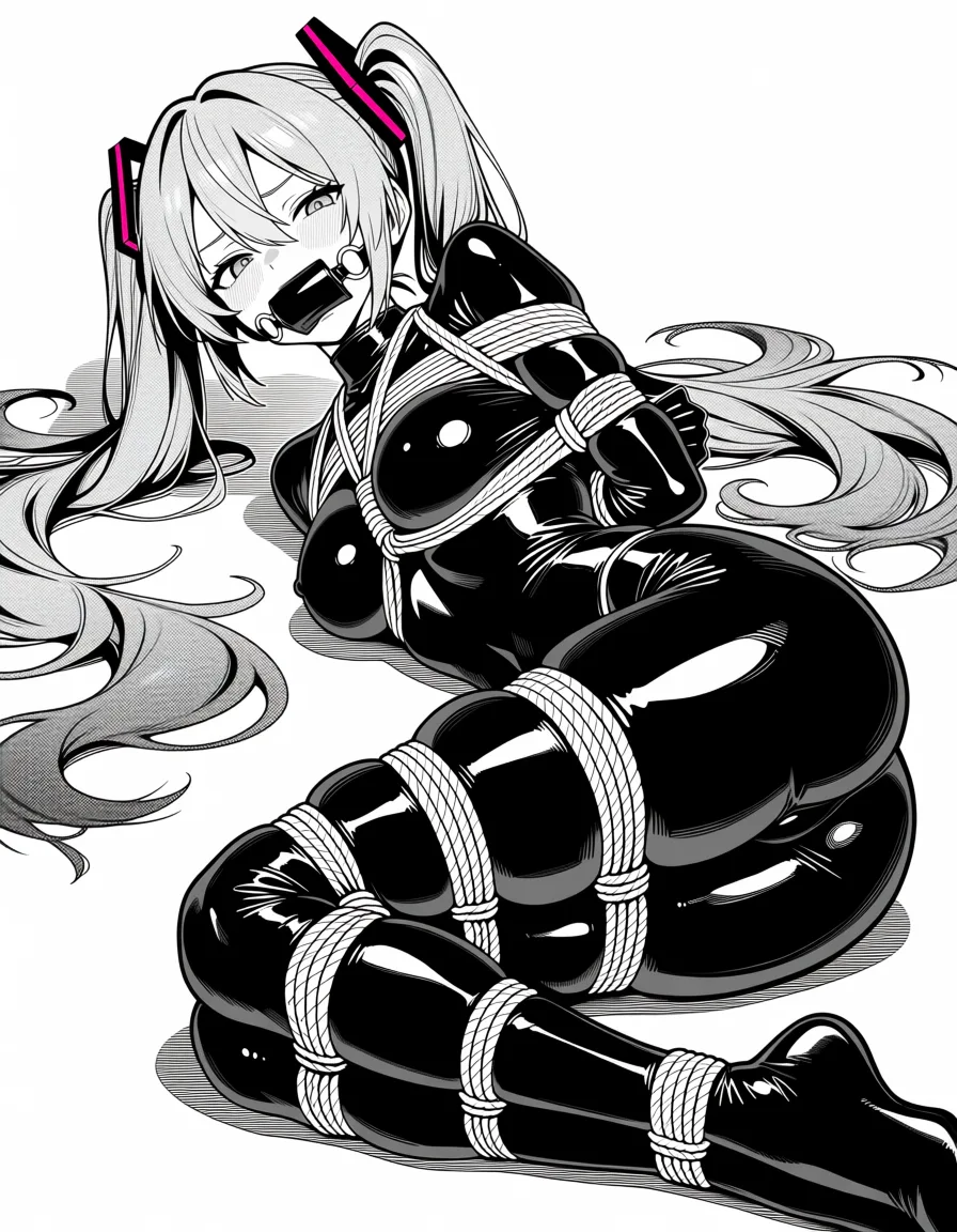 masterpiece, best quality, score_7, newest, manga, monochrome, greyscale, 1girl, hatsune miku Latex skinsuit, gagged, abandoned place, on_side, shibari, bondage, (monochrome:1.7), (greyscale:1.7), screentone, halftone dots, ink hatching, bold black spotting, white background
