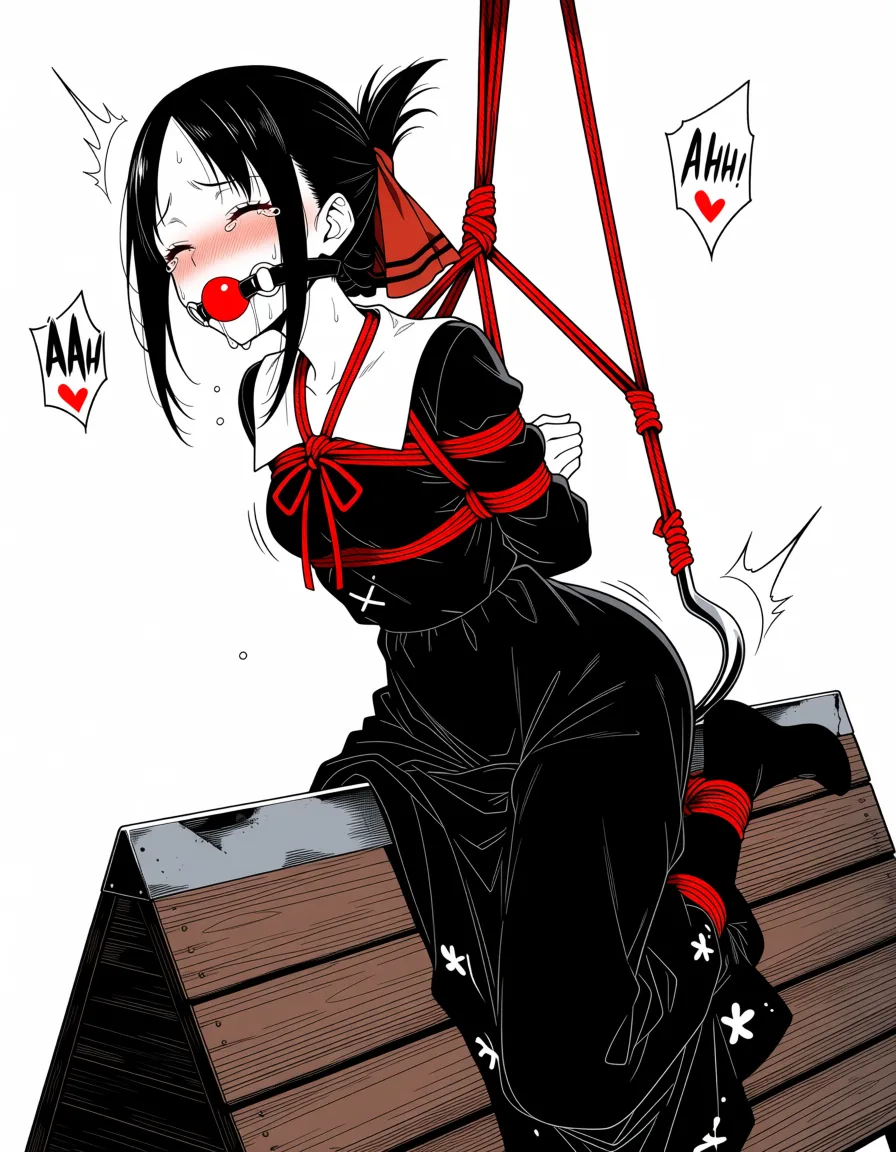 masterpiece, best quality, score_7, newest, anime screenshot, official art, 1girl, gagged, abandoned basement, anal hook, wooden horse, shibari, bondage, no_shoes, moaning, sound_effects, tears, official_style, clothed, shinomiya kaguya,, (flat color:1.3), hard cel shading, thin crisp lineart, high key daylight, vivid primary palette, bright clean background
