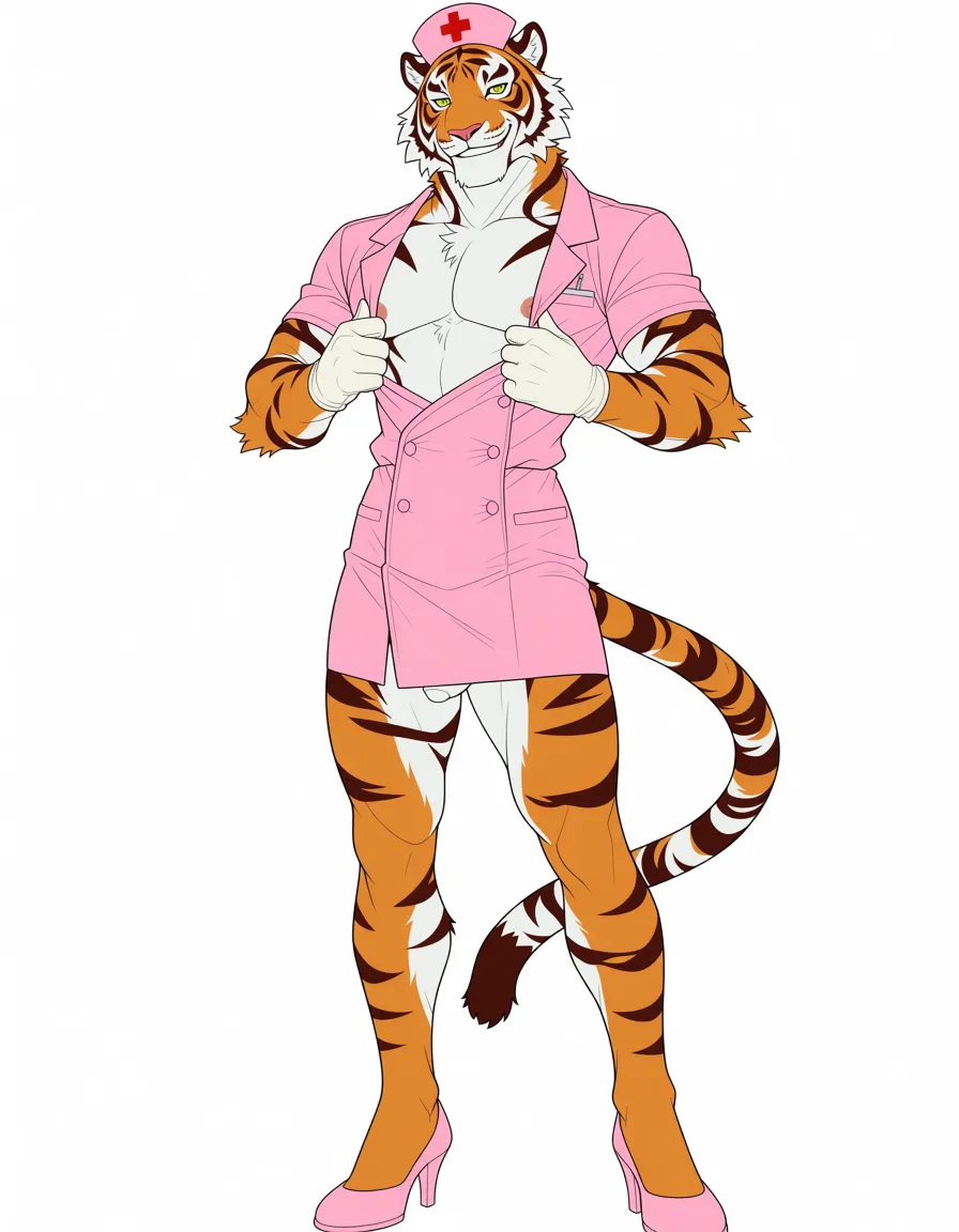 masterpiece, best quality, score_7, newest, anime screenshot, official art, Handsome tiger furry gay male, smirk, white surgical gloves, nurse uniform, open chest, skirt, naked penis, (flat color:1.3), hard cel shading, thin crisp lineart, high key daylight, vivid primary palette, bright clean background