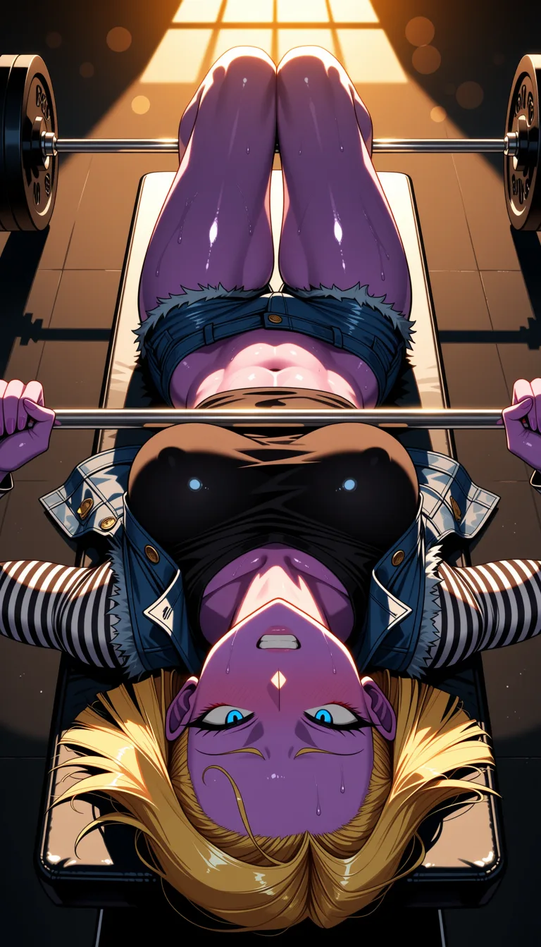 masterpiece, best quality, score_7, newest, highres, absurdres, anime coloring, 1girl, sunlight, purple skin android 18, denim booty shorts, black and white striped long sleeve shirt, denim vest, smaller breasts, gym, bench press weights at the the gym, lying on back, bar across chest, top view from above, straining, breasts pushed forward, facing_viewer, covered gym_shirt, covered breasts, unbuttoned shorts, glossy shiny skin, wet highlights, (dim warm lighting:1.2), dramatic rim light, deep shadows, dark bokeh background, sensual mood