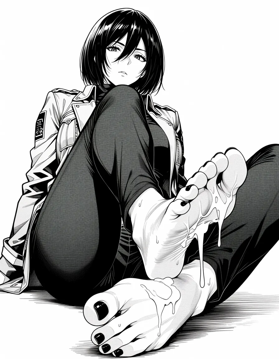 masterpiece, best quality, score_7, newest, manga, monochrome, greyscale, 1girl, mikasa ackerman barefoot foot_focus cum black_nails, (monochrome:1.7), (greyscale:1.7), screentone, halftone dots, ink hatching, bold black spotting, white background