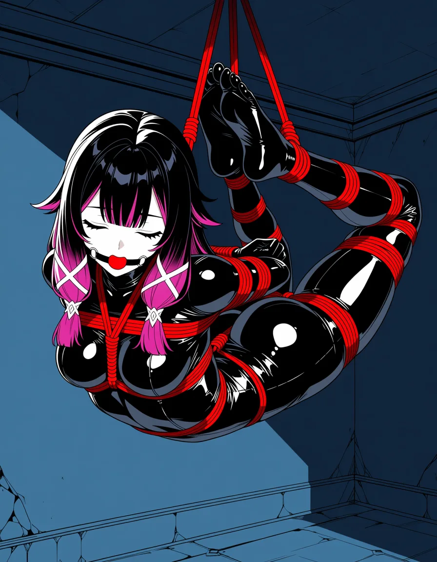 masterpiece, best quality, score_7, newest, anime screenshot, official art, 1girl, columbina (genshin impact), closed_eyes, latex skinsuit, no_shoes, bondage, shibari, gagged, suspension, basement, indoors, (flat color:1.3), hard cel shading, thin crisp lineart, high key daylight, vivid primary palette, bright clean background
