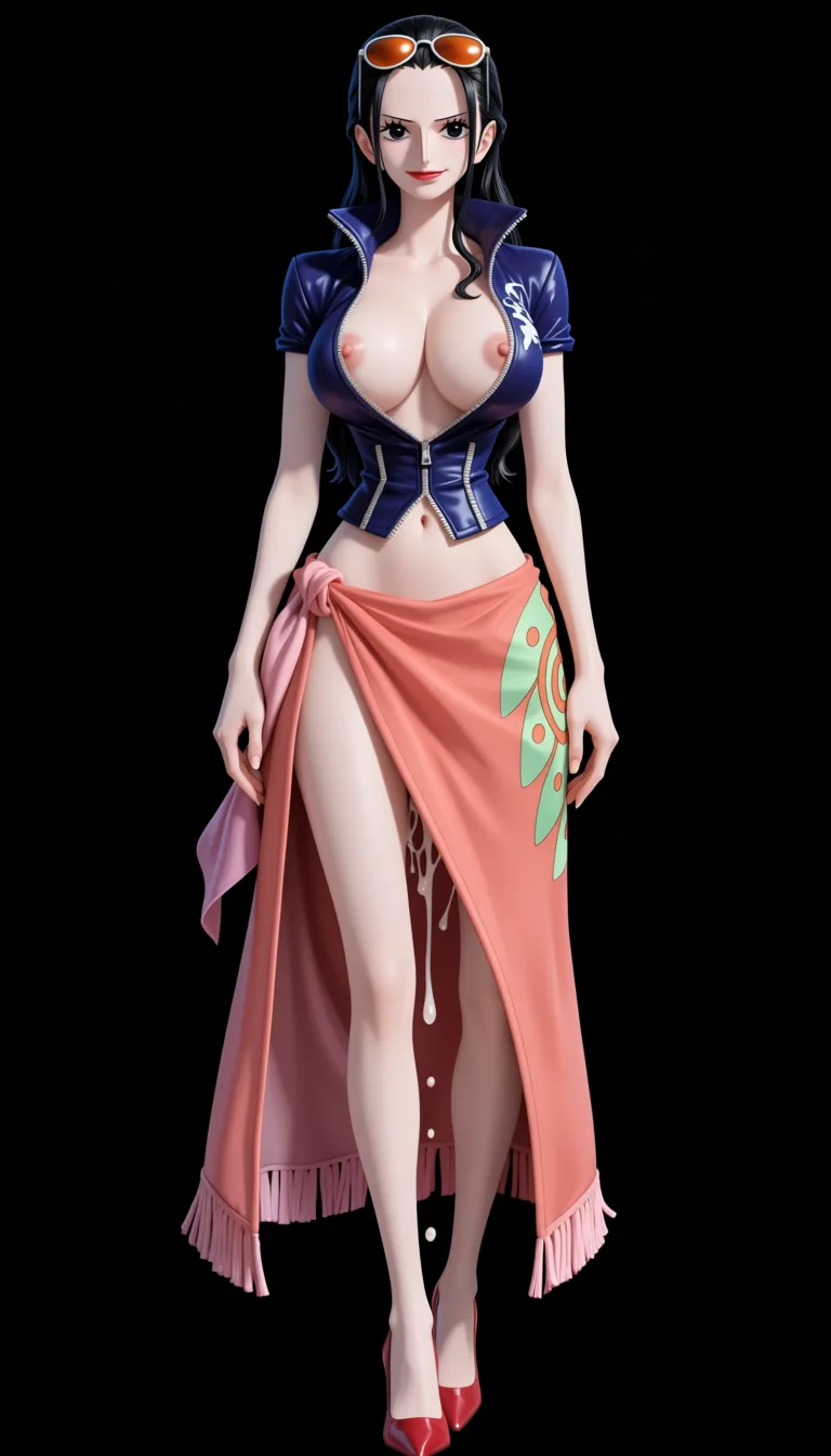 masterpiece, best quality, score_7, newest, anime screenshot, official art, Nico Robin, (One Piece style:1.7), full body in frame, beautiful smile, standing, sexy pose, front view, soft lighting, (black background:1.7), a long coral-pink/salmon wrap skirt or sarong tied around her waist and a fringed/tassel-like hem while the opening is hooked upwards with a pin to reveal her full crotch and her naked pussy dripping with sperm, a fitted dark-blue short-sleeved jacket with a high collar and the sleeves slightly rolled at the edges while the chest is completely open, naked breasts and nipples fully out of jacket and exposed, naked pussy exposed through front opening, orange tinted sunglasses on top of head, Red-coral high-heeled pumps with pointed toes, massive amount of sperm dripping from pussy, (flat color:1.3), hard cel shading, thin crisp lineart, high key daylight, vivid primary palette, bright clean background