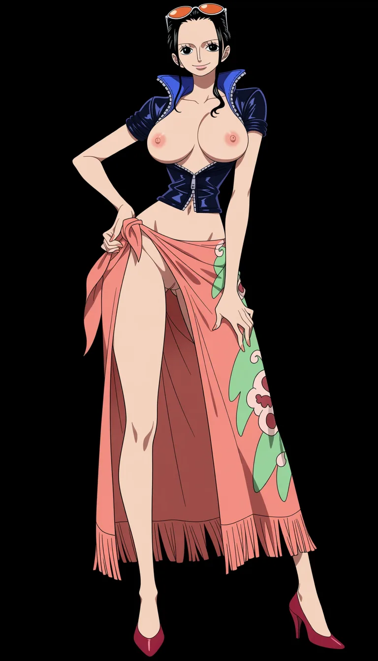 masterpiece, best quality, score_7, newest, anime screenshot, official art, Nico Robin, (One Piece style:1.6), (full body in frame:1.6), beautiful smile, gentle soft expression, standing, sexy pose, one hand on hips, one hand on thigh, front view, simple lighting, (black background:1.7), (a long coral-pink/salmon wrap skirt or sarong tied around her waist and a fringed/tassel-like hem while the opening is hooked upwards to reveal her full crotch and her naked pussy:1.6), a fitted dark-blue short-sleeved jacket with a high collar and the sleeves slightly rolled at the edges while the chest is completely open to let the full naked breasts out, (naked breasts and nipples fully out of jacket and fully exposed:1.8), naked pussy exposed through front opening, orange tinted sunglasses on top of head, red-coral high-heeled pumps with pointed toes, (flat color:1.3), hard cel shading, thin crisp lineart, high key daylight, vivid primary palette, bright clean background