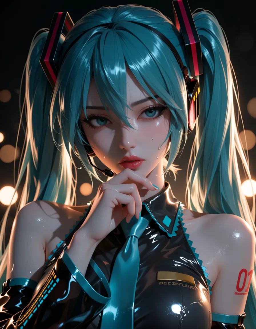masterpiece, best quality, score_7, newest, highres, absurdres, anime coloring, 1girl, ultra detailed shading, catgirl, long sleeves, futanari, intense passion, portrait, soft cel shading, hatsune miku, glossy shiny skin, wet highlights, (dim warm lighting:1.2), dramatic rim light, deep shadows, dark bokeh background, sensual mood