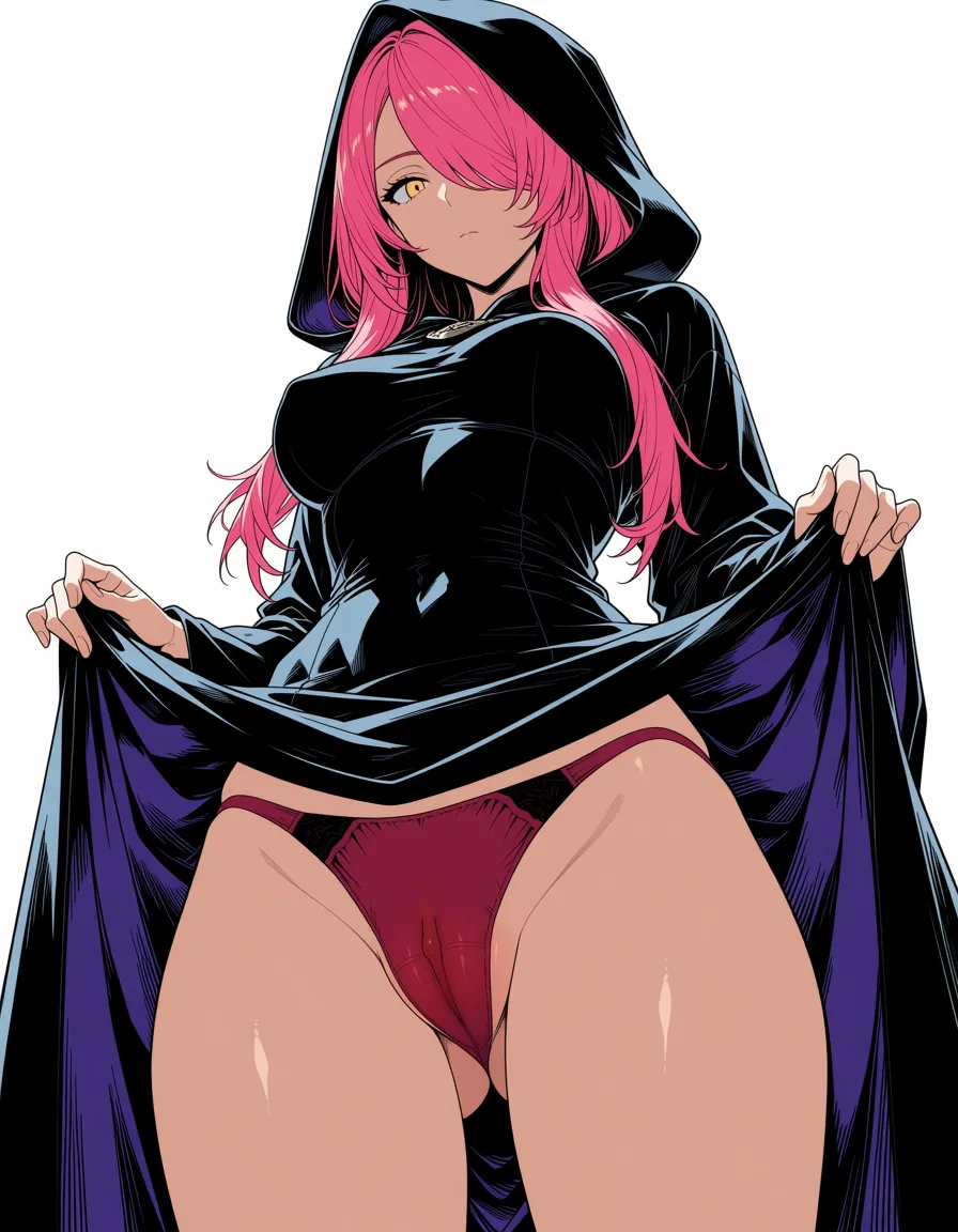 masterpiece, best quality, score_7, newest, anime screenshot, official art, Long pink hair, one eye covered by hair, a hood, a witch’s robe, medium‑sized breasts, bottom‑up view, hands lift the robe, the clitoris protrudes through the panties., (flat color:1.3), hard cel shading, thin crisp lineart, high key daylight, vivid primary palette, bright clean background