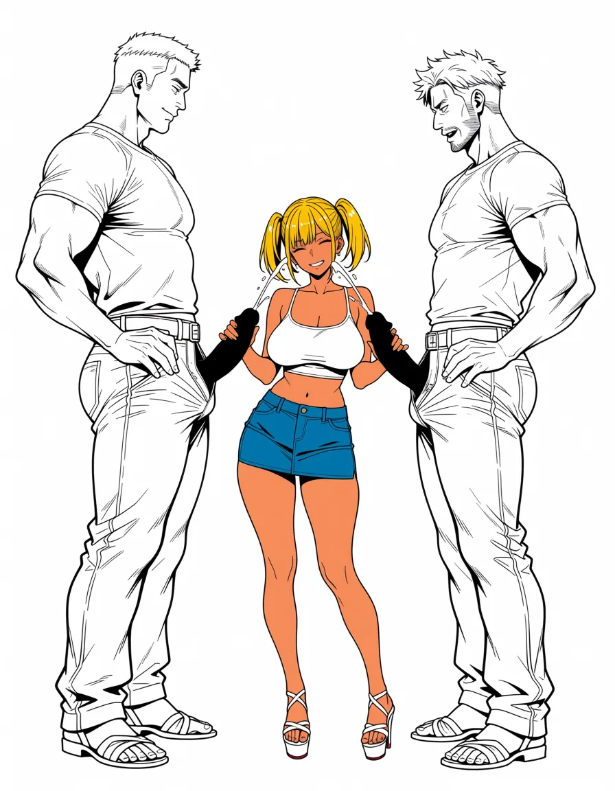 masterpiece, best quality, score_7, newest, anime screenshot, official art, Short and Petite housewife with fair skin and blonde twintails and sagging breasts wearing crop top and skirt and high heel sandals standing next to two tall men with large cocks, twin handjob, ejaculation, (flat color:1.3), hard cel shading, thin crisp lineart, high key daylight, vivid primary palette, bright clean background