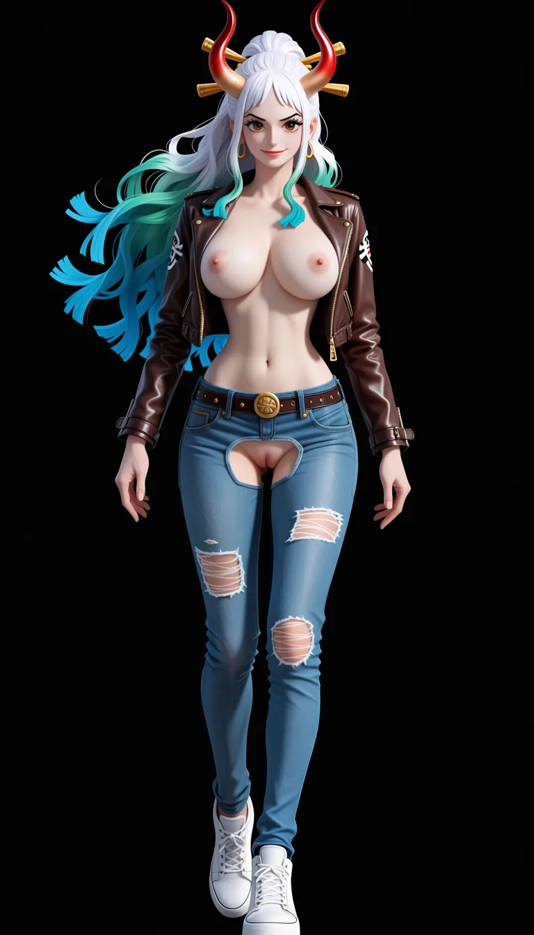 masterpiece, best quality, score_7, newest, anime screenshot, official art, Yamato from One piece, (One Piece style:1.5), full body in frame, standing, black background, gentle smile, crotchless jeans with torn knees, naked pussy fully visible through crotch cutout, completely open cropped brown leather jacket with long sleeves, naked breasts fully visible and out of open jacket, white sneakers,, (flat color:1.3), hard cel shading, thin crisp lineart, high key daylight, vivid primary palette, bright clean background