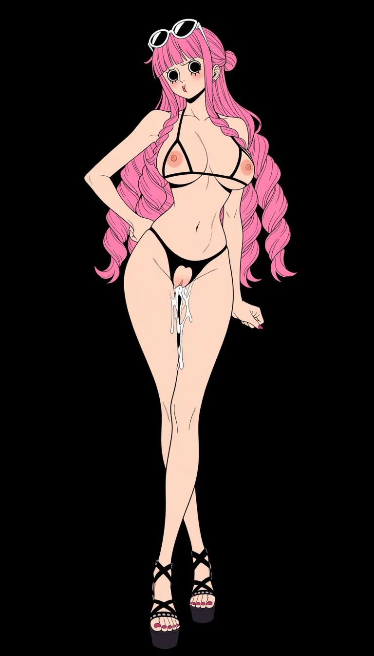 masterpiece, best quality, score_7, newest, anime screenshot, official art, Perona from One Piece, (One Piece style:1.7), full body in frame, standing, cute pouting face, sexy pose, long legs, (black background:1.5), fully naked, black cupless bikini top, naked breasts and nipples fully visible through cup cutout, black crotchless bikini bottom, naked pussy fully visible through crotch cutout, high heel sandals, sunglasses on forehead, massive amount of sperm dripping from pussy,, (flat color:1.3), hard cel shading, thin crisp lineart, high key daylight, vivid primary palette, bright clean background