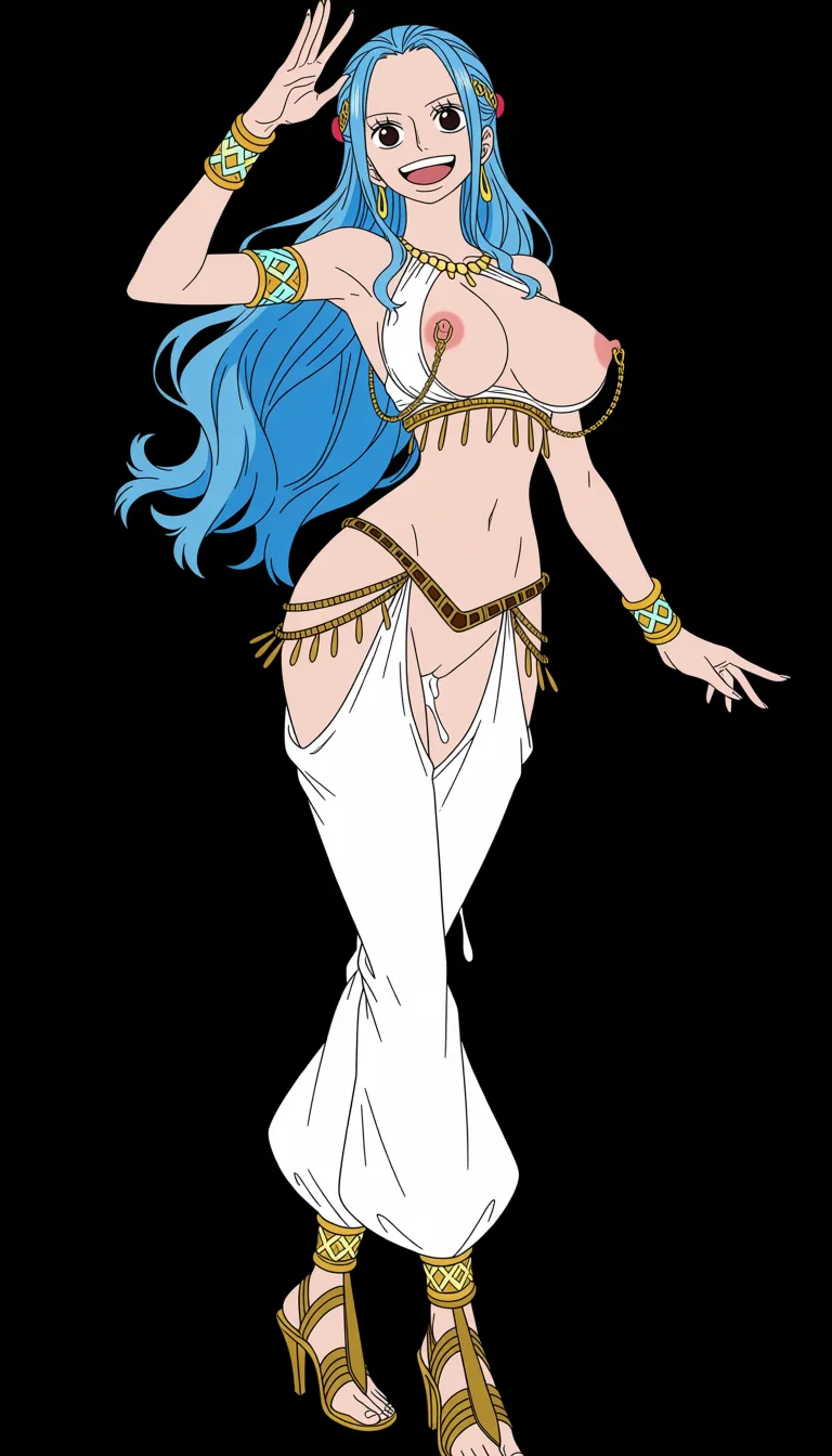 masterpiece, best quality, score_7, newest, anime screenshot, official art, Nefertari Vivi from One Piece, (One Piece style:1.6), full body in frame, dancing, bright smile, sexy pose, long legs, (black background:1.5), fully naked, white harem top with chest cutout, naked breasts and nipples fully visible through chest cutout, white crotchless harem pants, naked pussy fully visible through crotch cutout, golden high heel sandals, harem jewelry, nipple chains, massive amount of sperm dripping from pussy,, (flat color:1.3), hard cel shading, thin crisp lineart, high key daylight, vivid primary palette, bright clean background