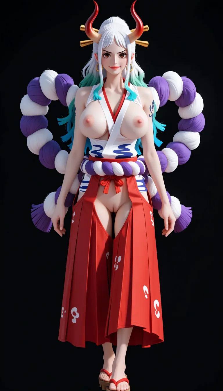 masterpiece, best quality, score_7, newest, anime screenshot, official art, Yamato, (One Piece style:1.6), (full body in frame:1.5), standing, sexy pose, (black background:1.5), long white hair with turquoise and light-blue tips, two red curved oni horns, gentle soft expression and warm smile, white sleeveless Japanese-style top with a red neckline and the chest area completely cutout to let the full naked breasts and nipples out, (naked breasts and nipples fully visible and exposed:1.5), red hakama skirt with big crotch cutout, naked pussy fully visible and exposed through crotch cutout, purple rope belt around the waist, traditional wooden sandals, (flat color:1.3), hard cel shading, thin crisp lineart, high key daylight, vivid primary palette, bright clean background