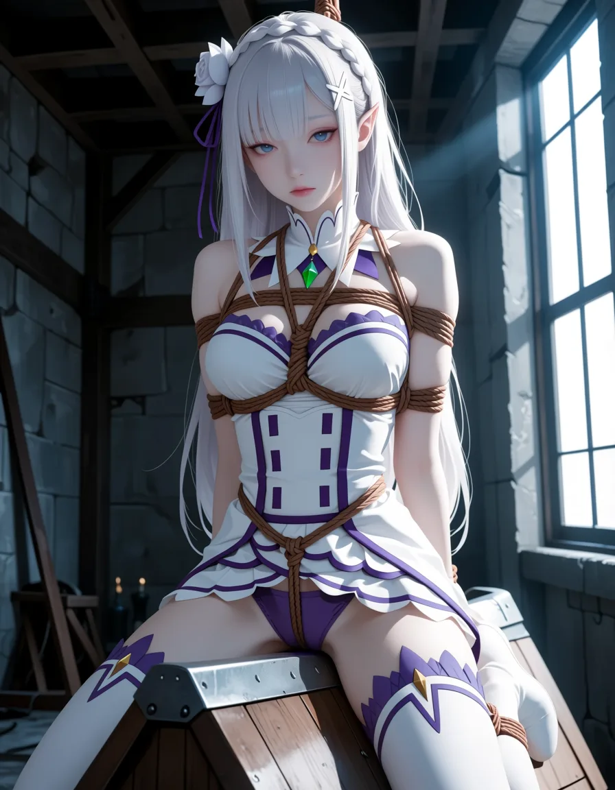 masterpiece, best quality, score_7, newest, anime screenshot, official art, 1girl, emilia (re:zero), wooden horse, shibari, exhausted, basement, (flat color:1.3), hard cel shading, thin crisp lineart, high key daylight, vivid primary palette, bright clean background