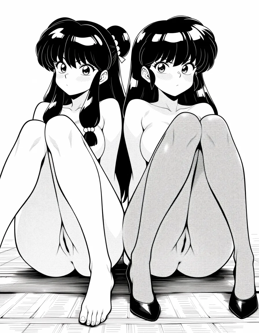 masterpiece, best quality, score_7, newest, manga, monochrome, greyscale, 2girls, ranma-chan shampoo (ranma 1/2) nude, sitting, knees_up, shaved innie pussy, dojo, (monochrome:1.7), (greyscale:1.7), screentone, halftone dots, ink hatching, bold black spotting, white background