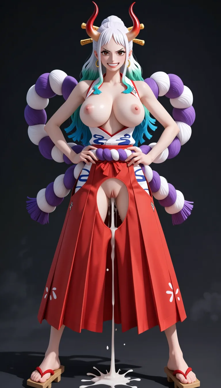 masterpiece, best quality, score_7, newest, anime screenshot, official art, Yamato, (One Piece style:1.7), (full body in frame:1.9), standing, (confident sexy pose:1.7), (black background:1.8), (simple shadows:1.7), long white hair with turquoise and light-blue tips, two red curved oni horns, bright white smile, long legs, white sleeveless Japanese-style top with a red neckline and the chest area completely cutout to let the full naked breasts and nipples out, (naked breasts and nipples fully visible and exposed:1.6), (long red hakama skirt with big crotch cutout fully exposing vagina:1.6), naked pussy fully visible and exposed through crotch cutout, purple rope belt around the waist, traditional wooden sandals, massive amount of sperm dripping from pussy, (flat color:1.3), hard cel shading, thin crisp lineart, high key daylight, vivid primary palette, bright clean background