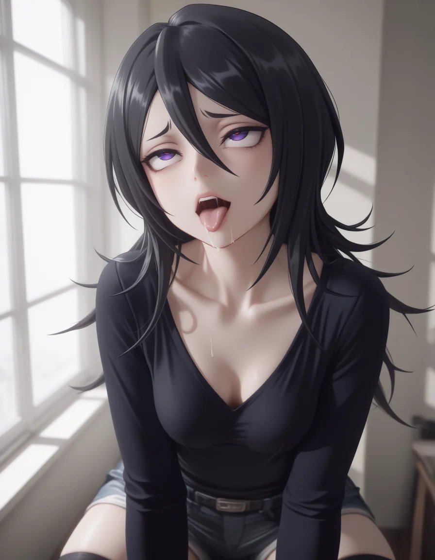 masterpiece, best quality, score_7, newest, photorealistic, realistic, 3d, 1woman, absurdres, highres, succubus, long hair, long sleeves, ahegao, smoldering look, wide shot, manga aesthetic, kuchiki rukia, (realistic:1.6), natural skin pores, subsurface scattering, soft neutral daylight, shallow depth of field, desaturated cinematic color grading, film grain