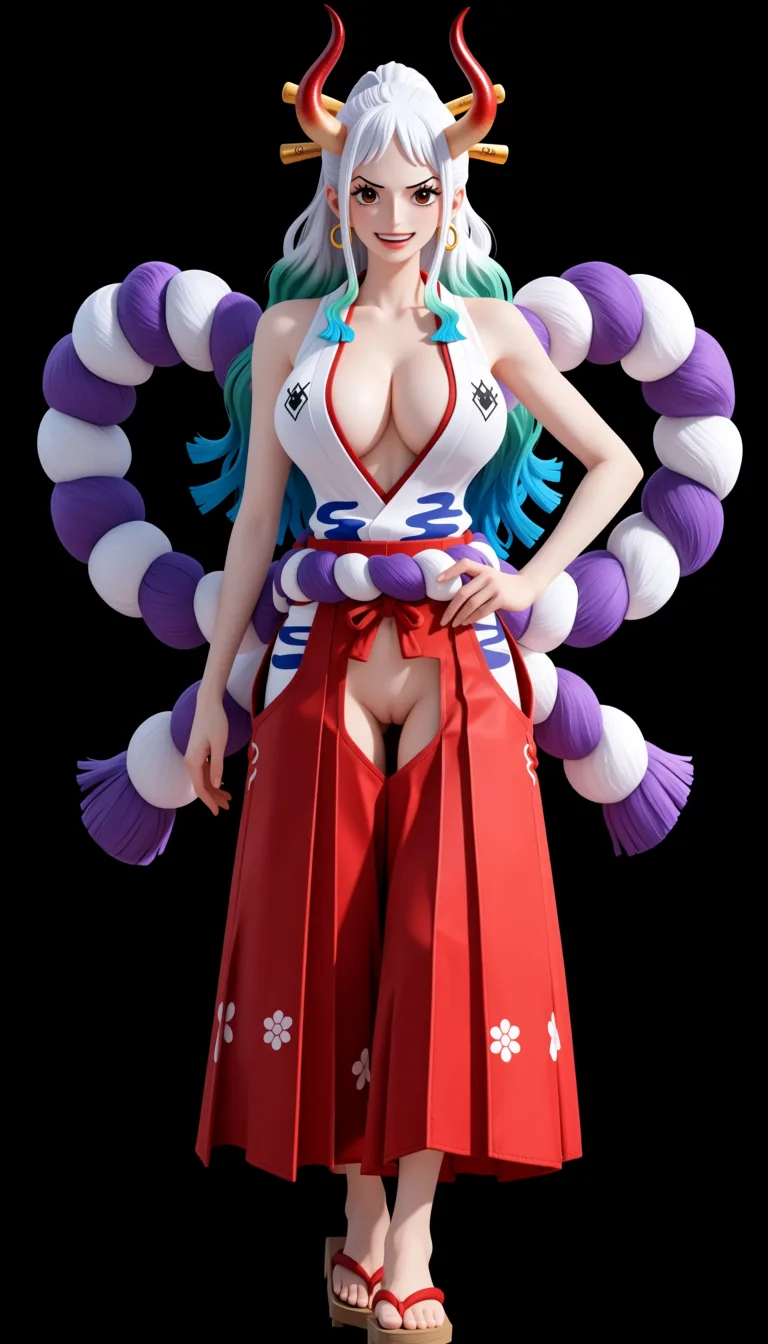 masterpiece, best quality, score_7, newest, anime screenshot, official art, Yamato, (One Piece style:1.6), (full body in frame:1.5), standing, sexy pose, (black background:1.5), long white hair with turquoise and light-blue tips, two red curved oni horns, gentle expression and cheerful smile, white sleeveless Japanese-style top with a red neckline and the chest area completely cutout to let the full naked breasts and nipples out, naked breasts and nipples fully visible and exposed, red hakama skirt with no crotch, naked pussy fully visible and exposed through crotch cutout, purple rope belt around the waist, traditional wooden sandals, (flat color:1.3), hard cel shading, thin crisp lineart, high key daylight, vivid primary palette, bright clean background