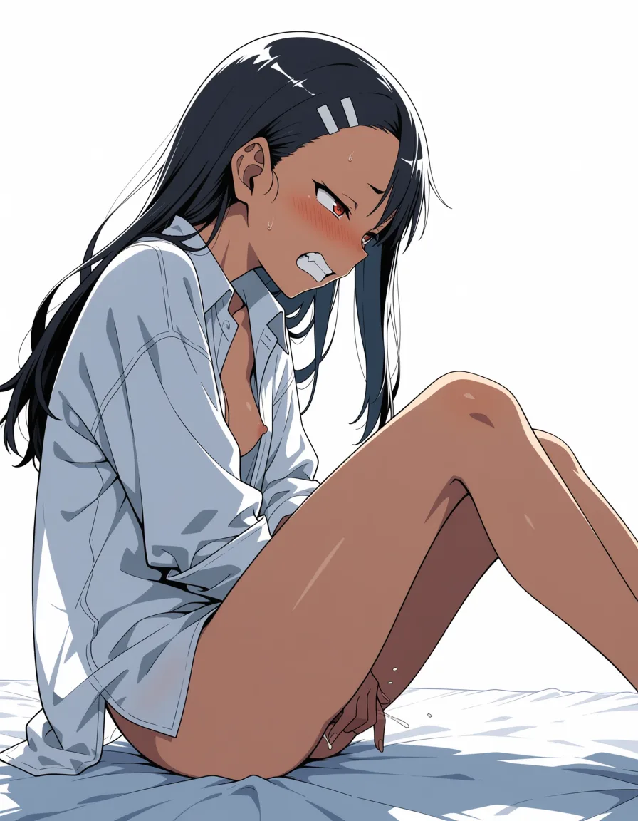 masterpiece, best quality, score_7, newest, anime screenshot, official art, 1girl, silver hair, red eyes, oversized shirt, sitting on the end of the bed, morning light, masturbation, horny, nagatoro hayase, (flat color:1.3), hard cel shading, thin crisp lineart, high key daylight, vivid primary palette, bright clean background