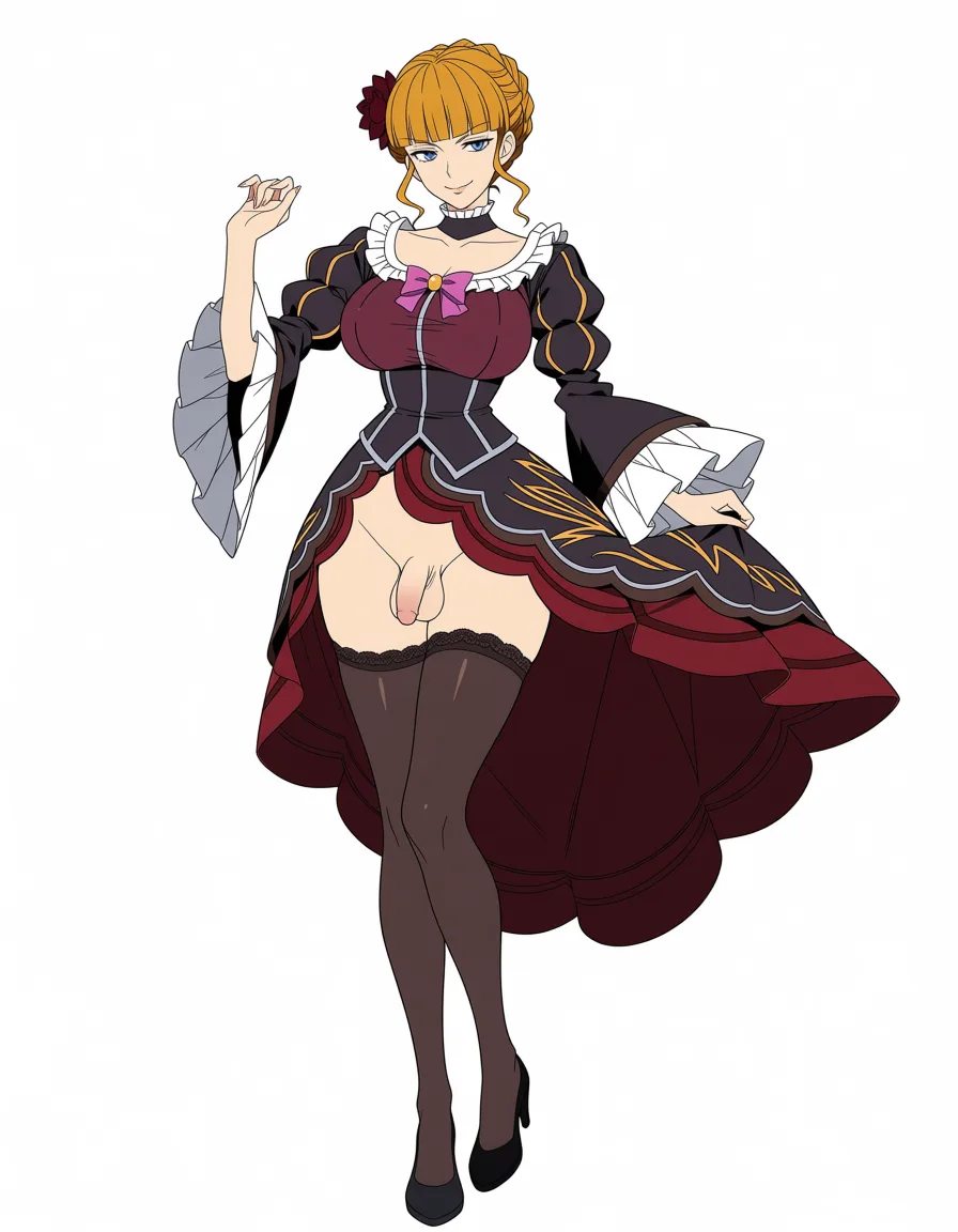 masterpiece, best quality, score_7, newest, anime screenshot, official art, 1girl, full_body , nyde, futanari , small flaccid penis and testicles , beatrice (umineko), (flat color:1.3), hard cel shading, thin crisp lineart, high key daylight, vivid primary palette, bright clean background