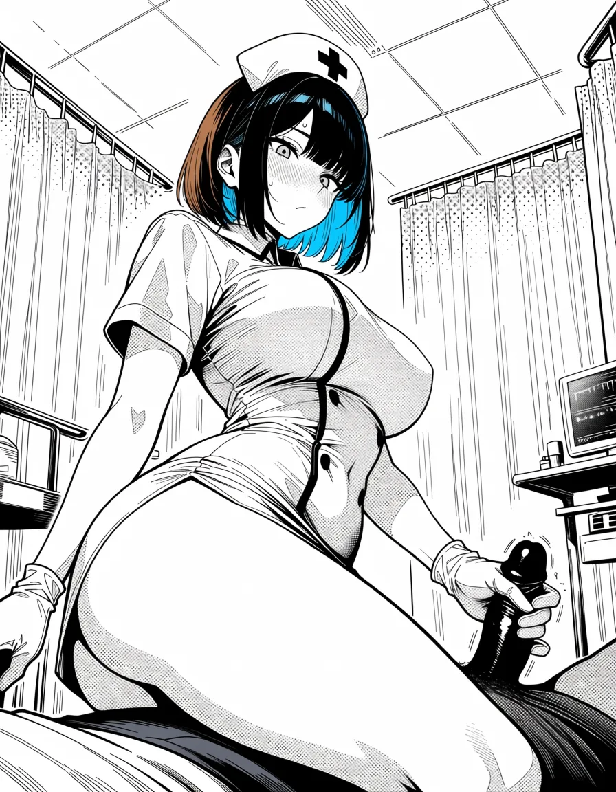 masterpiece, best quality, score_7, newest, manga, monochrome, greyscale, masterpiece, best quality, nurse, handjob, short blue hair with brown highlights, bare legs, white gloves, hospital, doujin style, (monochrome:1.7), (greyscale:1.7), screentone, halftone dots, ink hatching, bold black spotting, white background