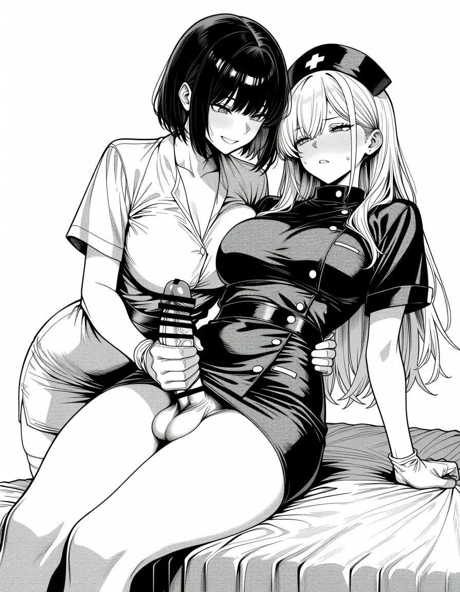 masterpiece, best quality, score_7, newest, manga, monochrome, greyscale, masterpiece, best quality, futanari with female, nurse, handjob, short haired female, long haired futanari, female has bare legs and white gloves, hospital, (monochrome:1.7), (greyscale:1.7), screentone, halftone dots, ink hatching, bold black spotting, white background