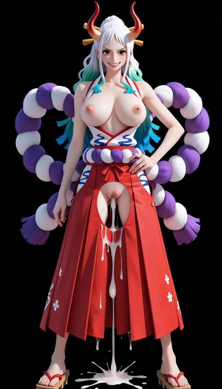 masterpiece, best quality, score_7, newest, anime screenshot, official art, Yamato, (One Piece style:1.8), (full body in frame:1.9), standing, (confident sexy pose:1.6), (black background:1.9), (simple shadows:1.7), long white hair with turquoise and light-blue tips, two red curved oni horns, bright white smile, long legs, (white sleeveless Japanese-style top with a red neckline and the chest area completely cutout to let the full naked breasts and nipples out:1.6), (naked breasts and nipples fully visible and exposed:1.7), (long red hakama skirt with big crotch cutout fully exposing vagina:1.6), naked pussy fully visible and exposed through crotch cutout, purple rope belt around the waist, traditional wooden sandals, massive amount of sperm dripping from pussy, (flat color:1.3), hard cel shading, thin crisp lineart, high key daylight, vivid primary palette, bright clean background