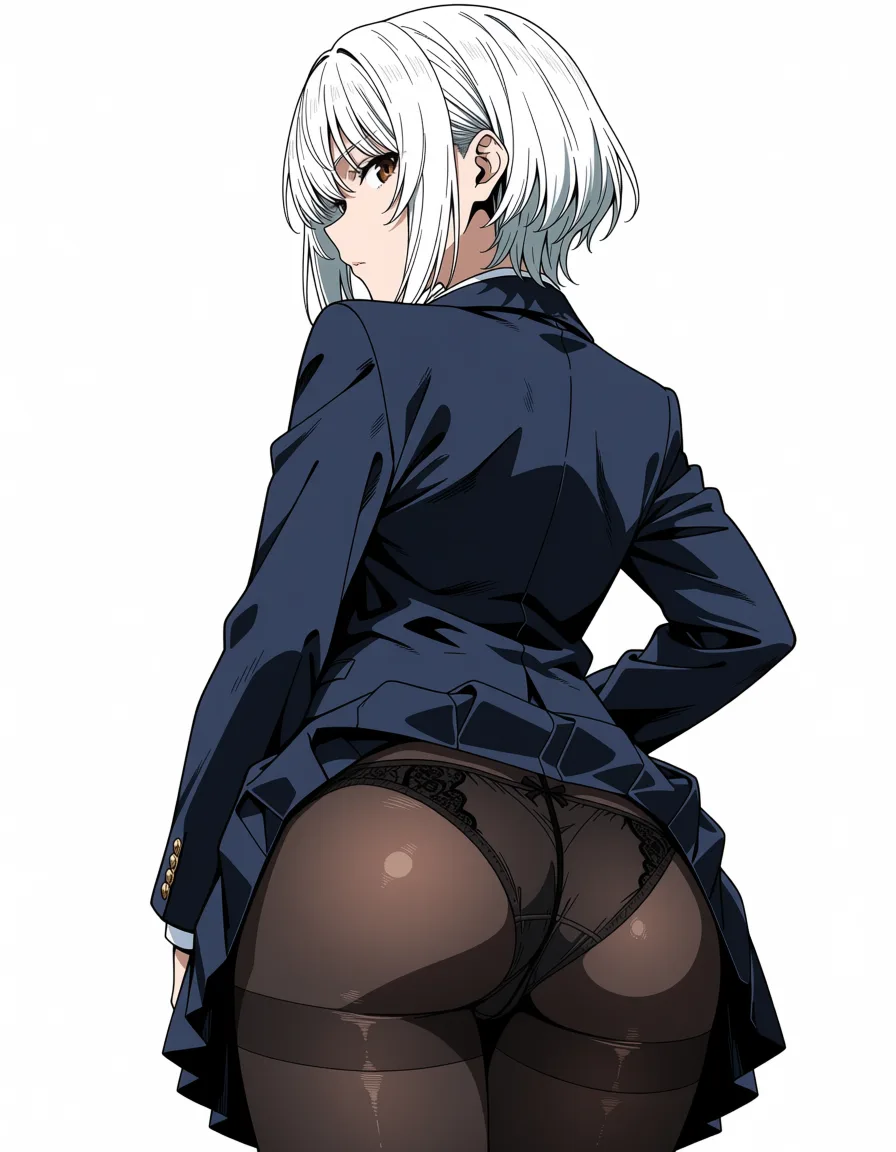 masterpiece, best quality, score_7, newest, anime screenshot, official art, otoko_no_ko, brown_eyes, white_hair, school_uniform, black panties, ass_focus, femboy, crossdressing, pantyhose, (flat color:1.3), hard cel shading, thin crisp lineart, high key daylight, vivid primary palette, bright clean background