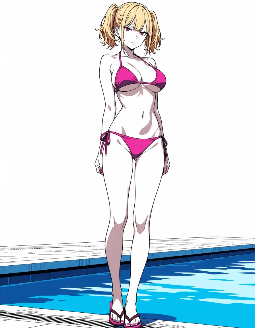 masterpiece, best quality, score_7, newest, anime screenshot, official art, Short and petite blonde gyaru with twin tails and large breasts wearing bikini and flip flops with a seductive face standing by pool, pale skin,, (flat color:1.3), hard cel shading, thin crisp lineart, high key daylight, vivid primary palette, bright clean background
