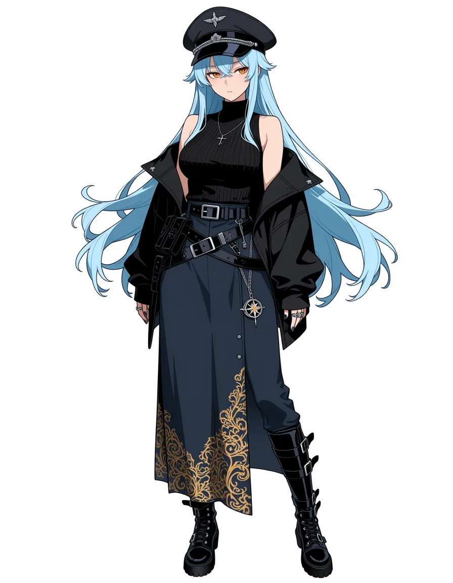 masterpiece, best quality, score_7, newest, anime screenshot, official art, The character is a young woman with long, flowing light blue hair and amber-colored eyes.
Outfit Details
• Headwear: A structured, dark military-style cap decorated with small silver cross embellishments and a central crest.• Top: A sleeveless, high-necked black ribbed shirt worn under a loose, oversized black jacket that falls off her shoulders.• Bottoms: Dark trousers or a skirt accented with an elaborate, golden filigree or floral pattern trailing down the leg.• Footwear: Sturdy, knee-high black tactical boots detailed with multiple metallic buckles and straps.
Accessories & Styling
• Belts: Multiple black leather straps and utility belts wrapped around her waist, fastened with silver buckles.• Jewelry: A prominent silver chain hanging from her waist holding a compass-rose or star-shaped pendant, along with several simple rings on her fingers.• Nails: Painted with dark polish matching her overall aesthetic.
-has a penis 
-masturbating
-penis showing out, (flat color:1.3), hard cel shading, thin crisp lineart, high key daylight, vivid primary palette, bright clean background