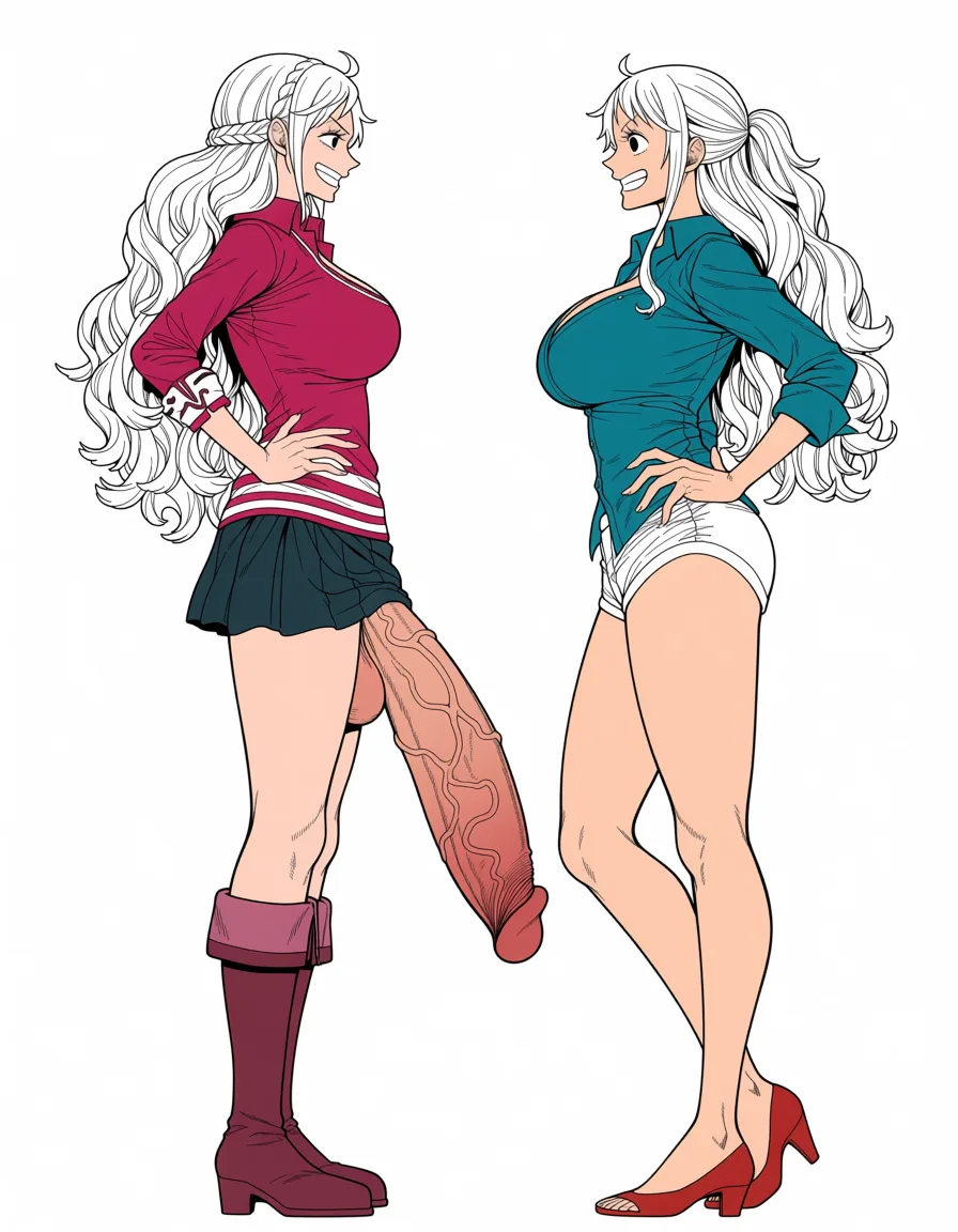 masterpiece, best quality, score_7, newest, anime screenshot, official art, nami (one piece) (girl, surprised)@nico_robin (futanari, size_difference , gigantic penis,smile), 2girls, side view, (flat color:1.3), hard cel shading, thin crisp lineart, high key daylight, vivid primary palette, bright clean background
