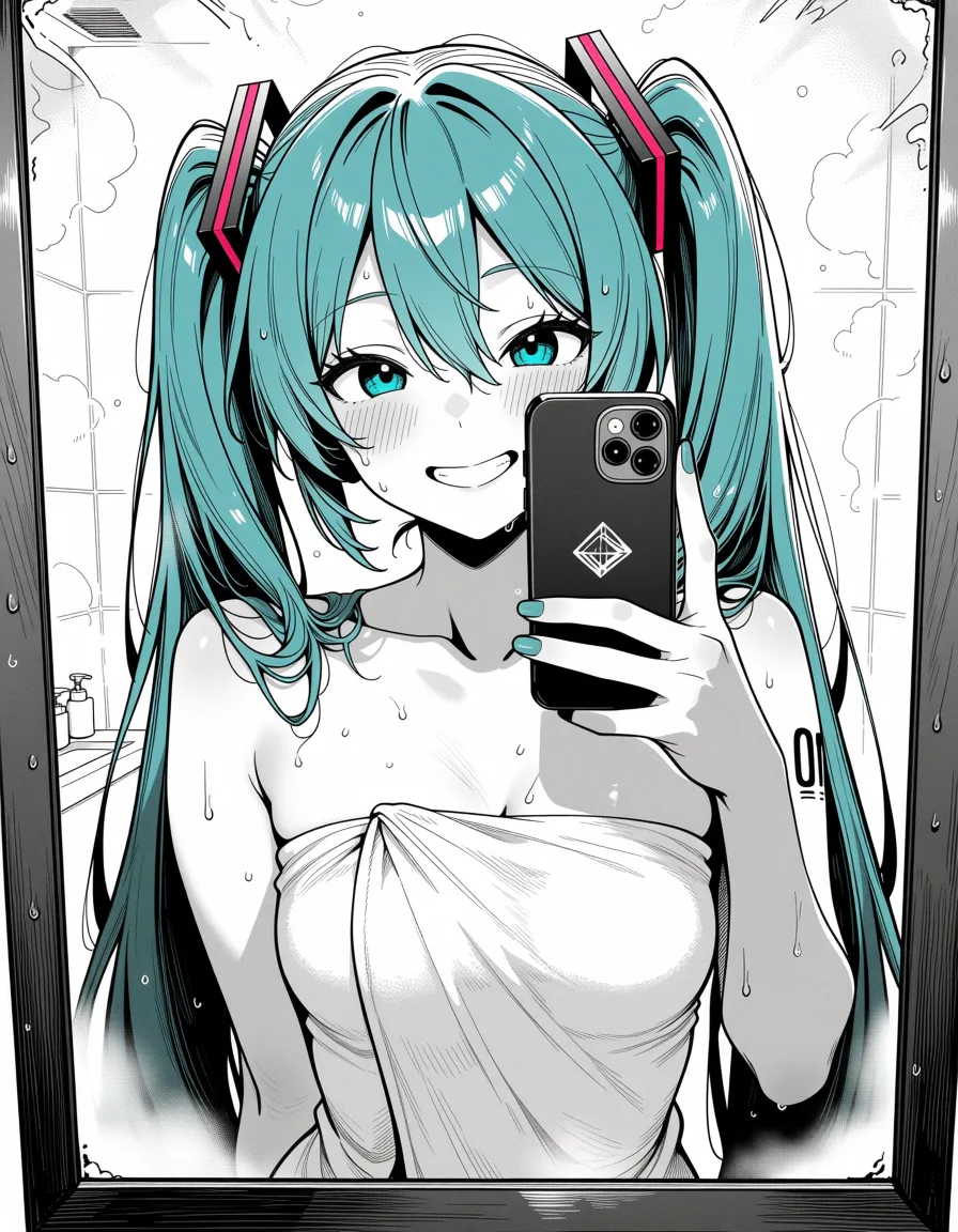 masterpiece, best quality, score_7, newest, manga, monochrome, greyscale, 1girl, teal long twin-tails, cyan eyes, taking a mirror selfie in a steamy bathroom. The mirror is fogged up with condensation, but a clear area is wiped away to reveal her reflection. Playful smiling expression, blushing cheeks. She is holding a smartphone, wearing a white bath towel wrapped around her chest. Water droplets on her skin, soft cinematic lighting, warm bathroom atmosphere, high-quality anime style, masterpiece, hatsune miku, (monochrome:1.7), (greyscale:1.7), screentone, halftone dots, ink hatching, bold black spotting, white background