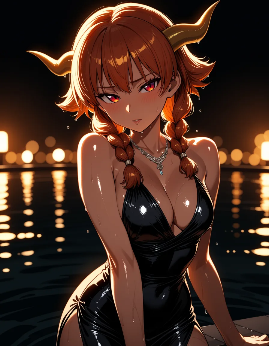 masterpiece, best quality, score_7, newest, highres, absurdres, anime coloring, dragonkin girl orange hair braids two horns jewelry black dress, glossy shiny skin, wet highlights, (dim warm lighting:1.2), dramatic rim light, deep shadows, dark bokeh background, sensual mood