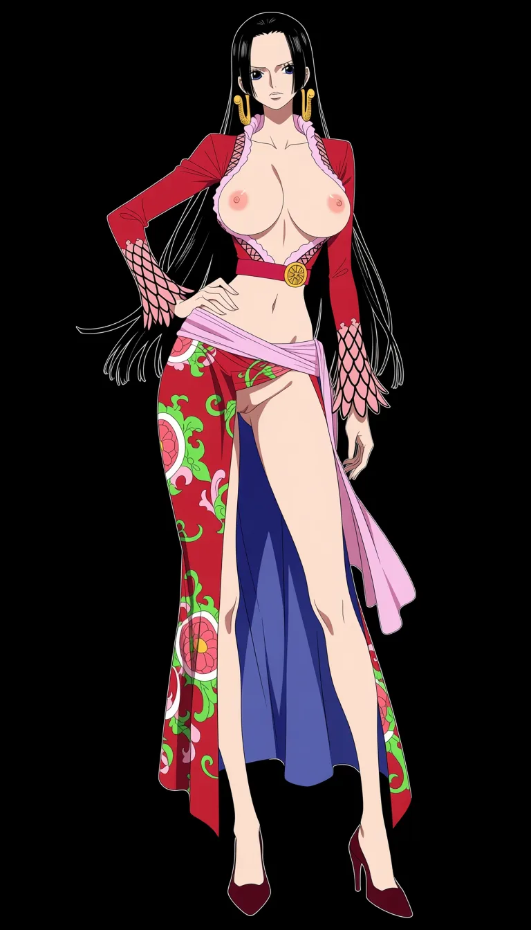 masterpiece, best quality, score_7, newest, anime screenshot, official art, Boa Hancock, One Piece style, full body in frame, standing, confident sexy pose, black background, long straight black hair, one hand on hip, fitted deep-red cropped jacket with gold trim and ornate cuffs, plunging ruffled neckline fully open letting naked breasts fully out, naked breasts and nipples fully out and exposed, red waist belt with a round gold emblem, colorful red-and-green floral patterned floor-length skirt with a high slit in the middle fully exposing naked pussy, naked pussy fully exposed and visible, pale pink sash around the waist, dark red high-heeled shoes, (flat color:1.3), hard cel shading, thin crisp lineart, high key daylight, vivid primary palette, bright clean background