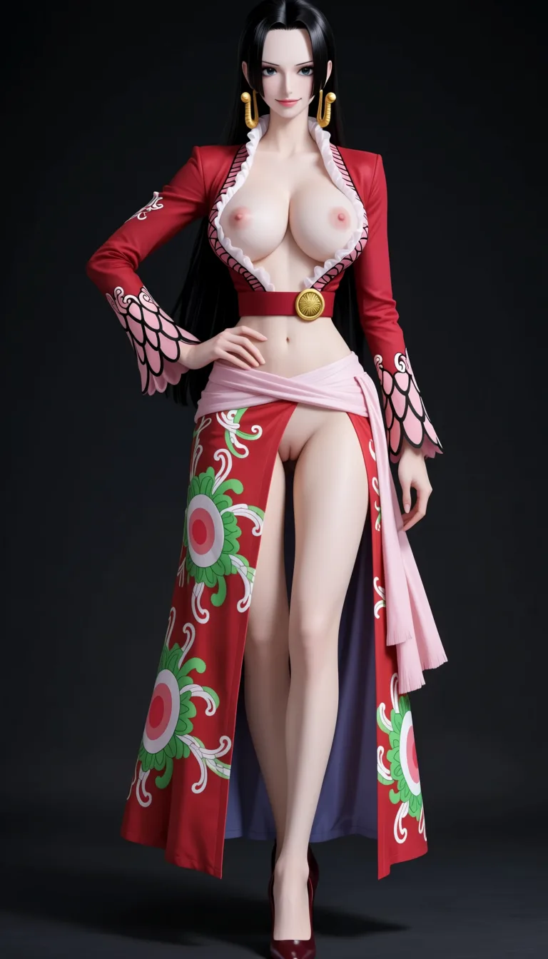 masterpiece, best quality, score_7, newest, anime screenshot, official art, Boa Hancock, One Piece style, full body in frame, standing, confident sexy pose, gentle expression and smile, long legs, (black background:1.5), long straight black hair, one hand on hip, fitted deep-red cropped jacket with gold trim and ornate cuffs, plunging ruffled neckline fully open letting naked breasts fully out, naked breasts and nipples fully out and exposed, red waist belt with a round gold emblem, colorful red-and-green floral patterned floor-length skirt with a high slit in the middle fully exposing naked pussy, naked pussy fully exposed and visible, pale pink sash around the waist, dark red high-heeled shoes, (flat color:1.3), hard cel shading, thin crisp lineart, high key daylight, vivid primary palette, bright clean background