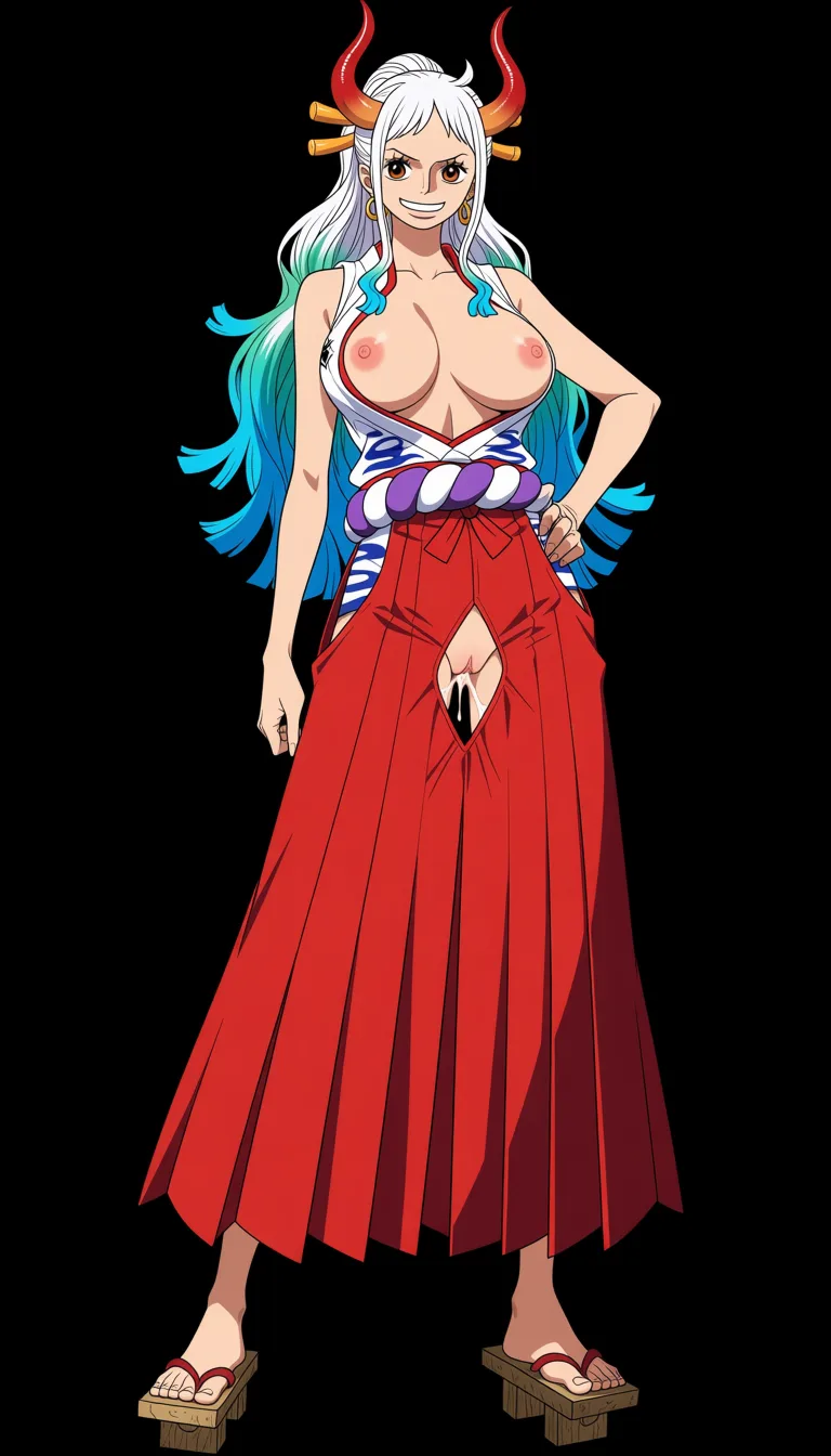 masterpiece, best quality, score_7, newest, anime screenshot, official art, Yamato, (One Piece style:1.6), (full body in frame:1.9), standing, (confident sexy pose:1.8), (black background:1.8), (simple shadows on body and clothes:1.5), long white hair with turquoise and light-blue tips, two red curved oni horns, (bright white smile:1.6), (long legs:1.7), one hand on hip, (white sleeveless Japanese-style top with a red neckline and the chest area completely cutout to let the full naked breasts and nipples out:1.6), (naked breasts and nipples fully visible and exposed:1.7), (long red hakama skirt with big crotch cutout fully exposing vagina:1.7), naked pussy fully visible and exposed through crotch cutout, purple rope belt around the waist, traditional wooden sandals, massive amount of sperm dripping from pussy, (flat color:1.3), hard cel shading, thin crisp lineart, high key daylight, vivid primary palette, bright clean background